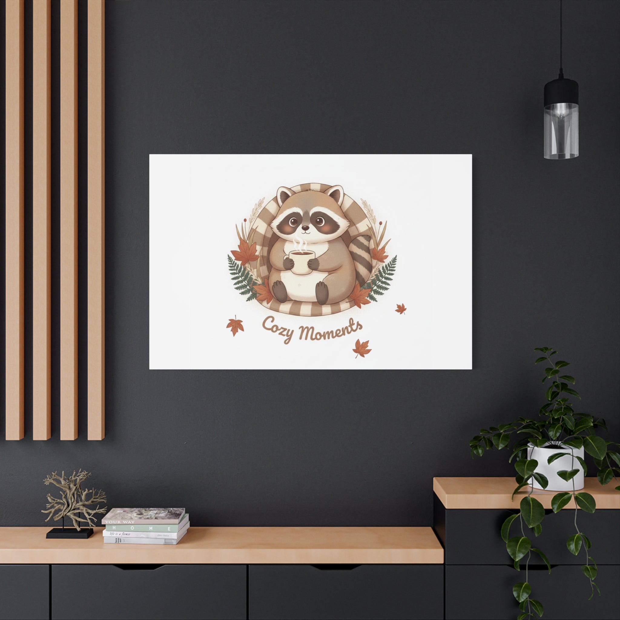Cozy Moments Raccoon Illustration Canvas, cute animal illustration | winter forest art