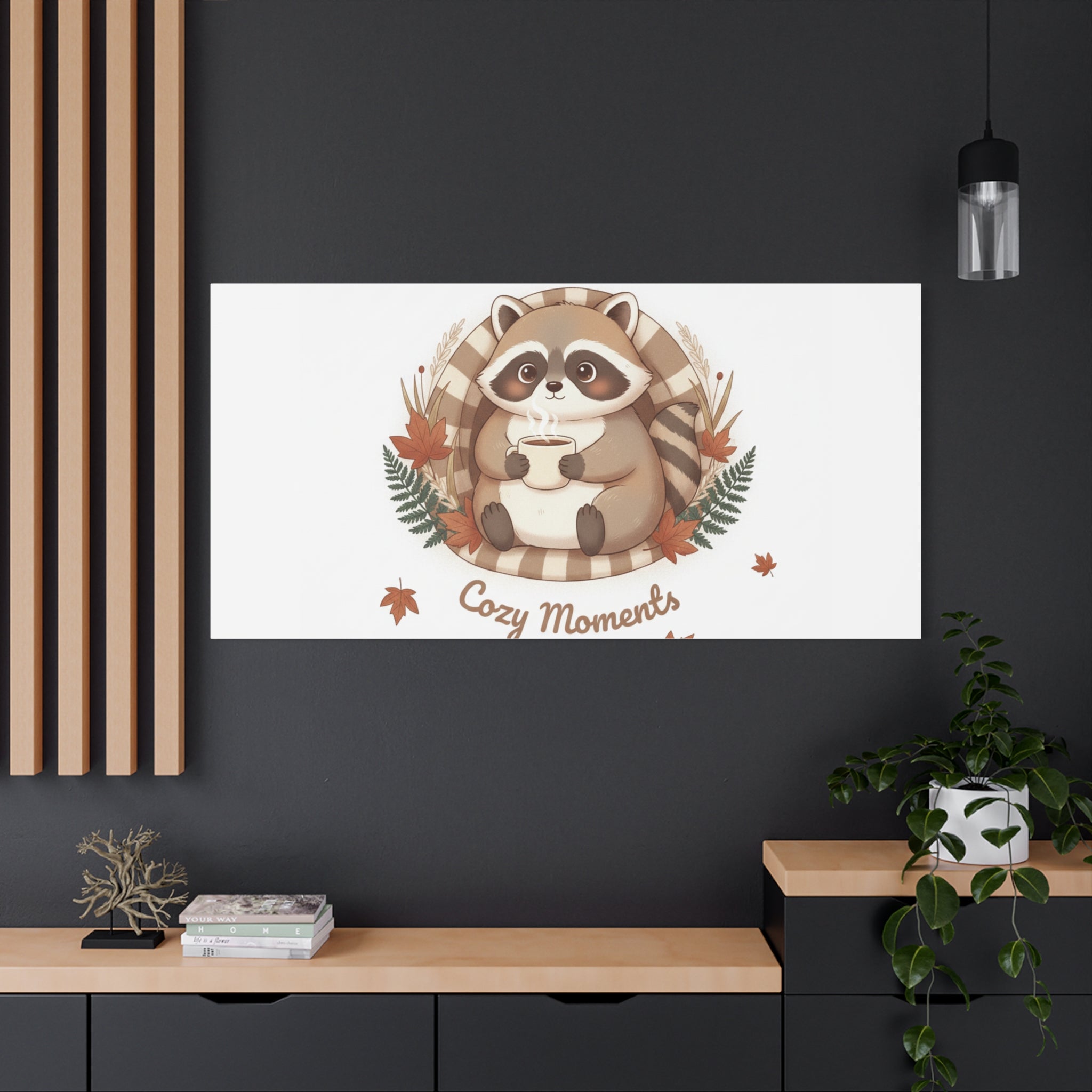 Cozy Moments Raccoon Illustration Canvas, cute animal illustration | winter forest art