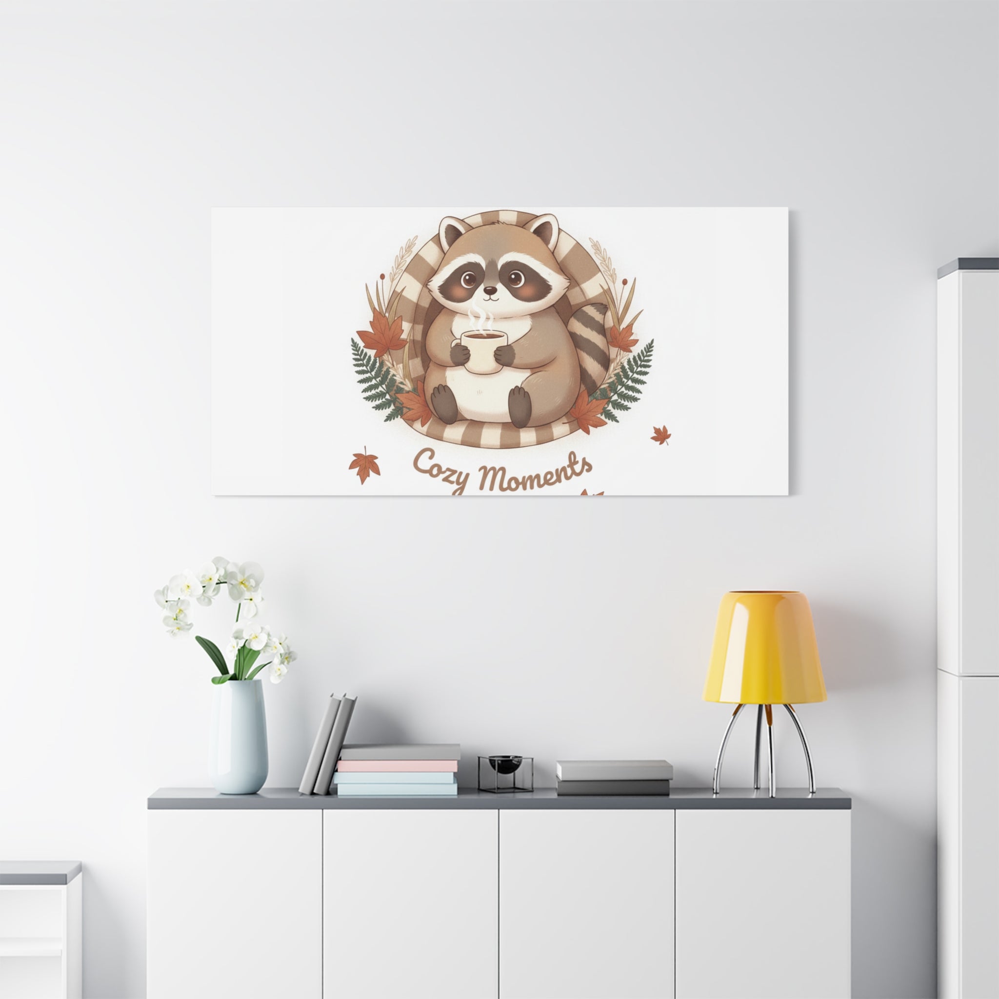 Cozy Moments Raccoon Illustration Canvas, cute animal illustration | winter forest art