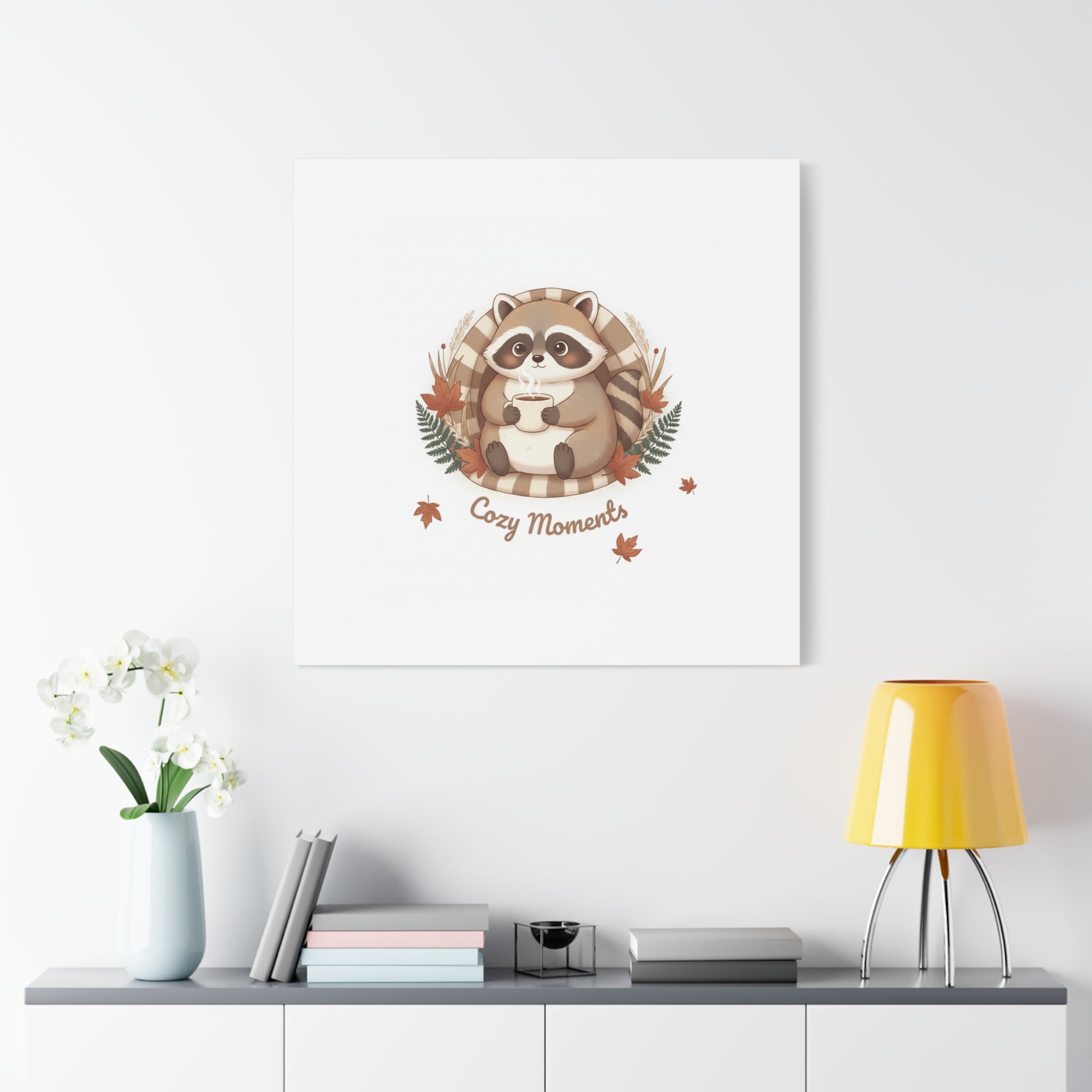 Cozy Moments Raccoon Illustration Canvas, cute animal illustration | winter forest art