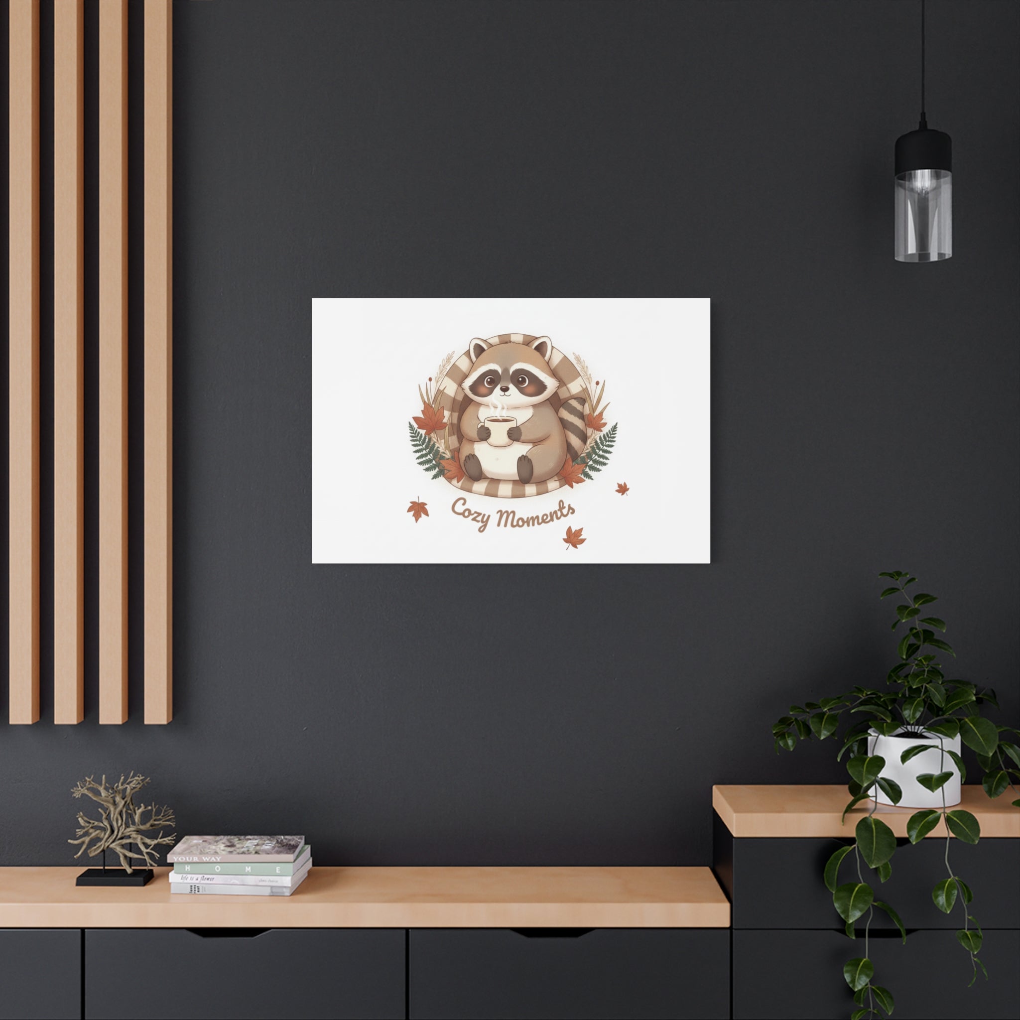 Cozy Moments Raccoon Illustration Canvas, cute animal illustration | winter forest art
