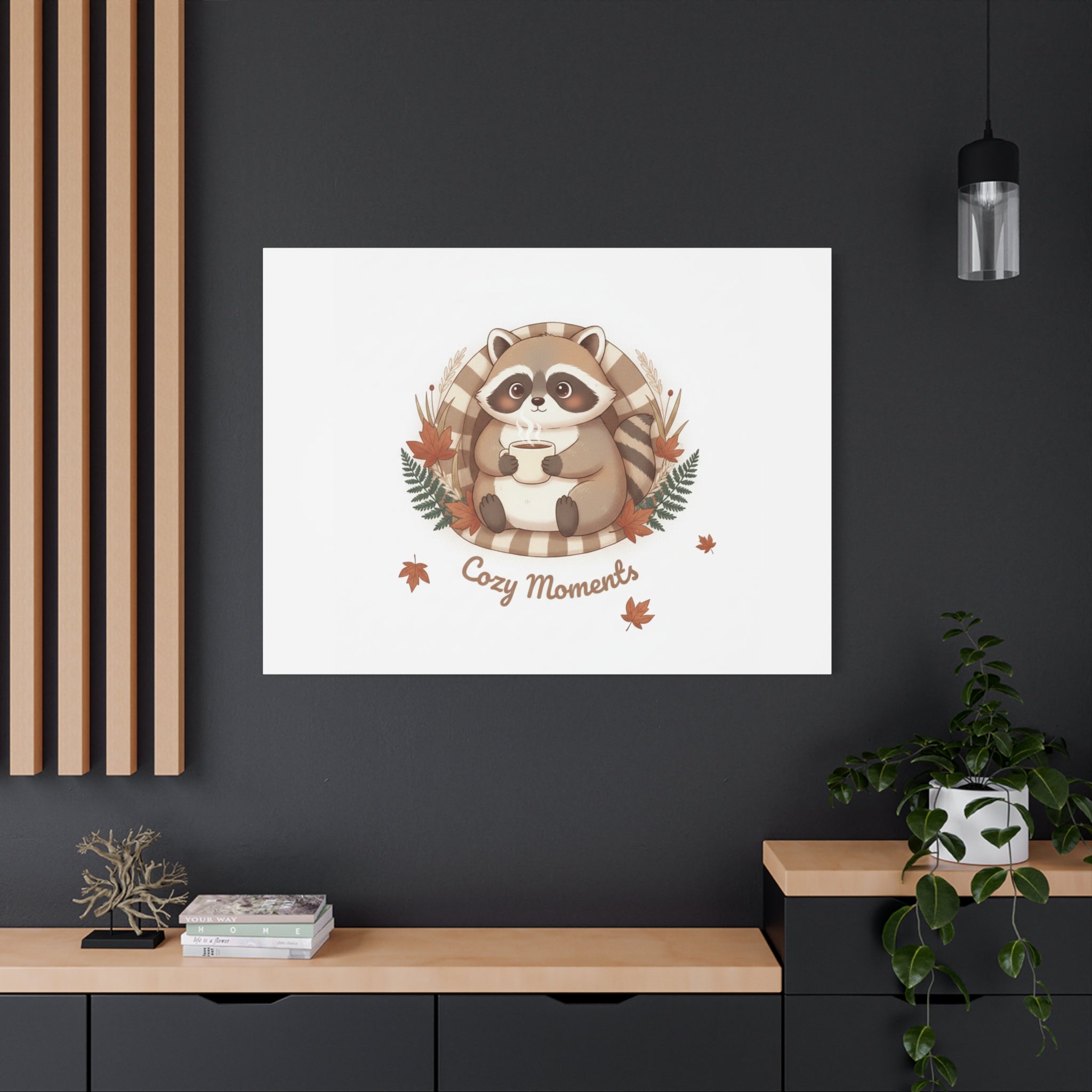 Cozy Moments Raccoon Illustration Canvas, cute animal illustration | winter forest art