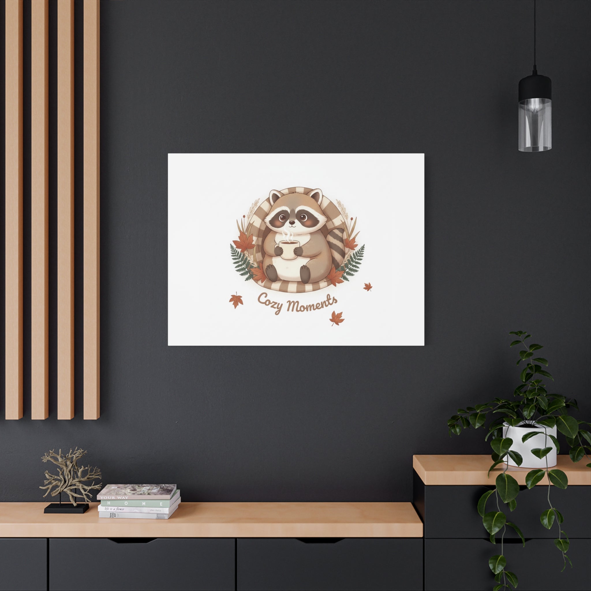 Cozy Moments Raccoon Illustration Canvas, cute animal illustration | winter forest art