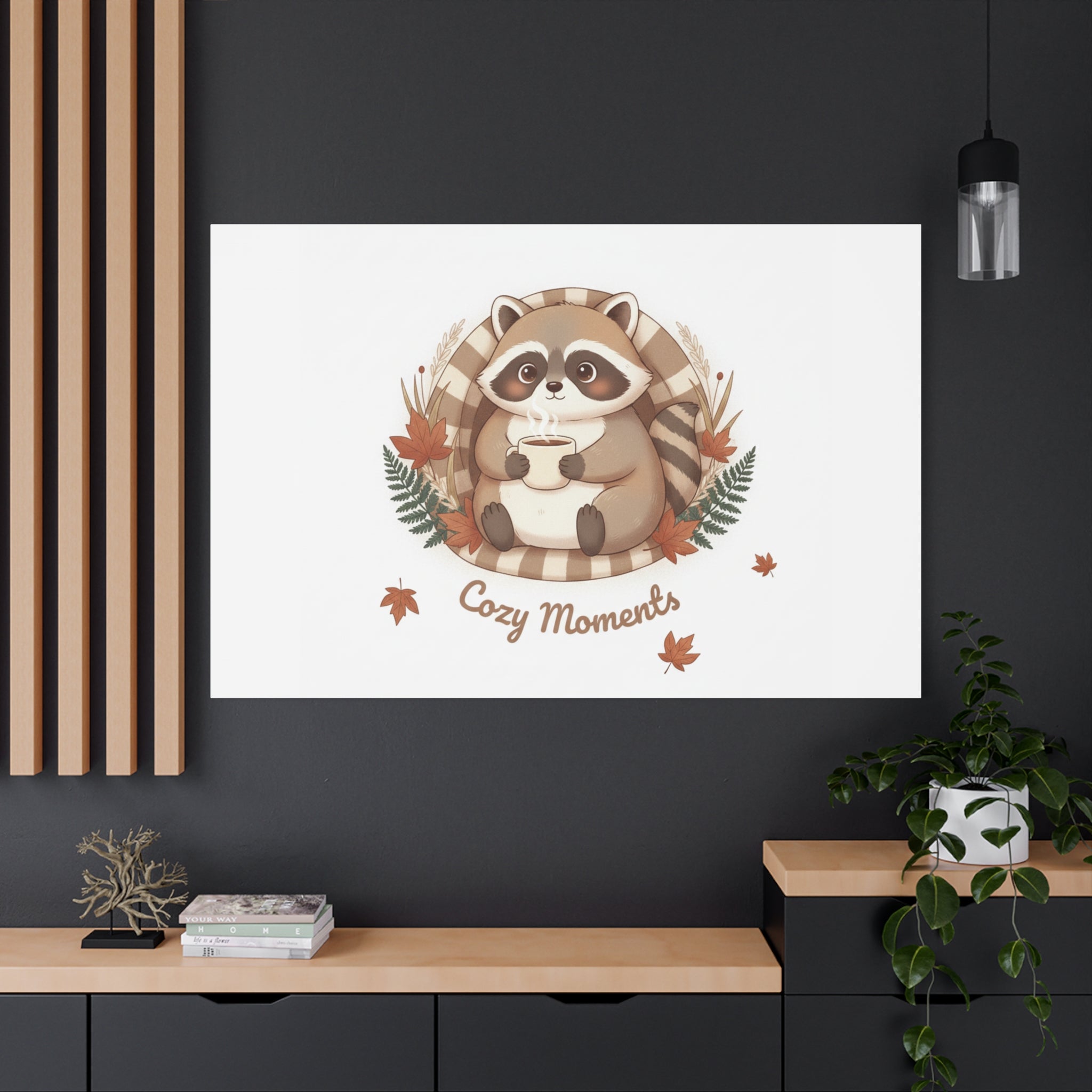 Cozy Moments Raccoon Illustration Canvas, cute animal illustration | winter forest art