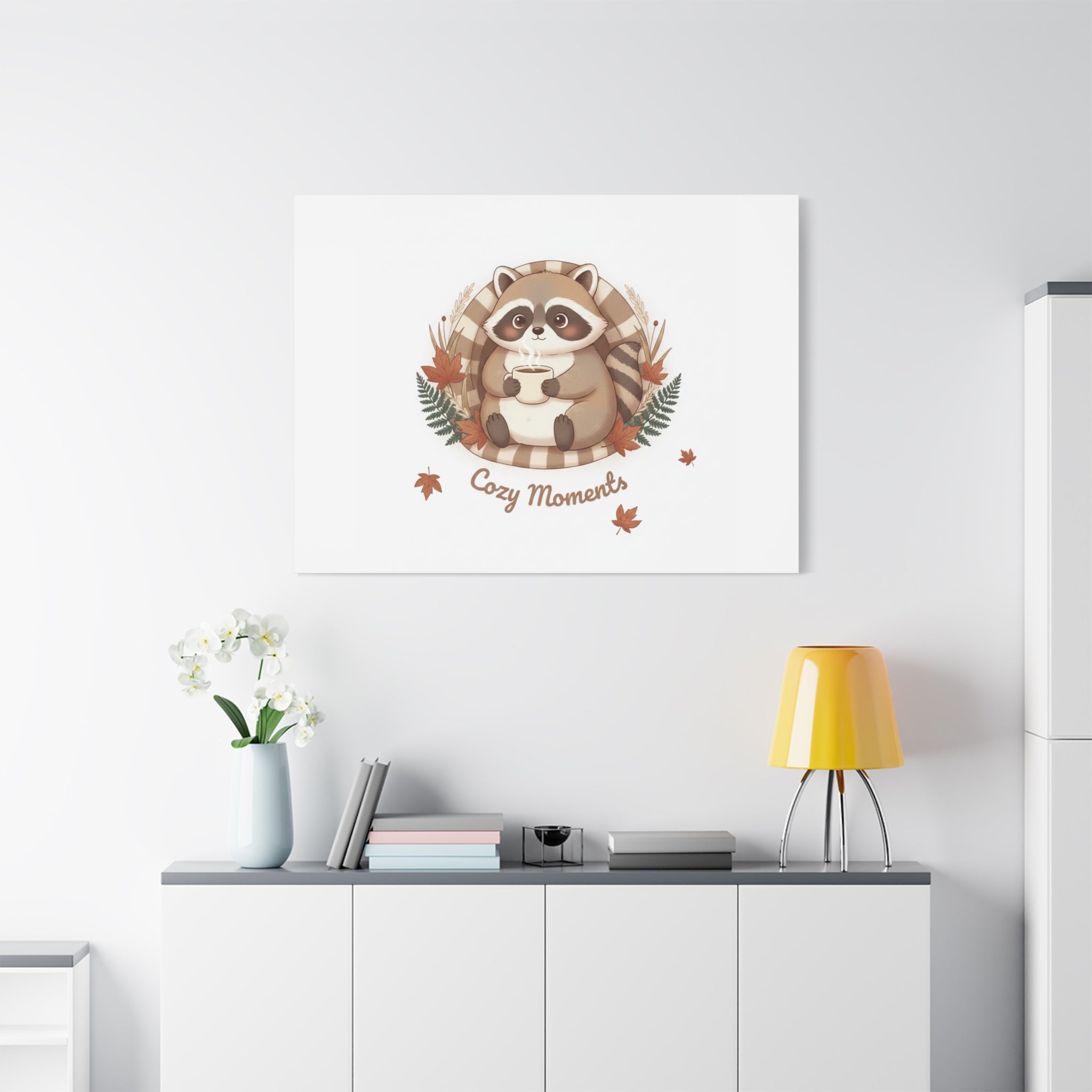 Cozy Moments Raccoon Illustration Canvas, cute animal illustration | winter forest art